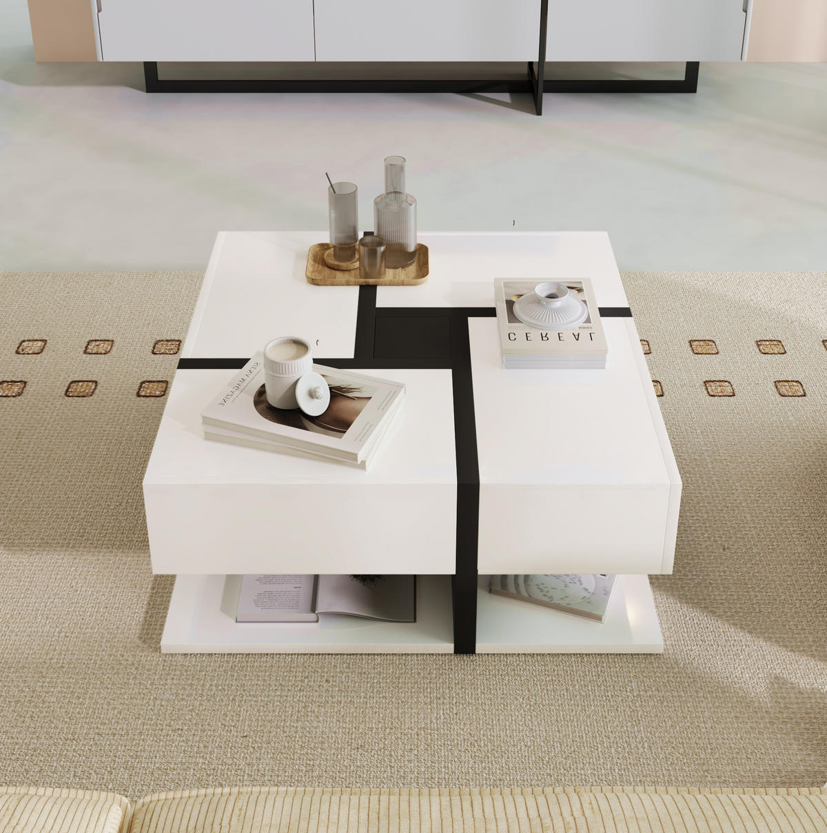 COUCHTISCH, quadratisches Design, Hochglanzoberfläche mit 4 Schubladen, 78/78/36 cm, Weiß und Schwarz - Weiß, Holzwerkstoff (78/78/36cm) - Redom