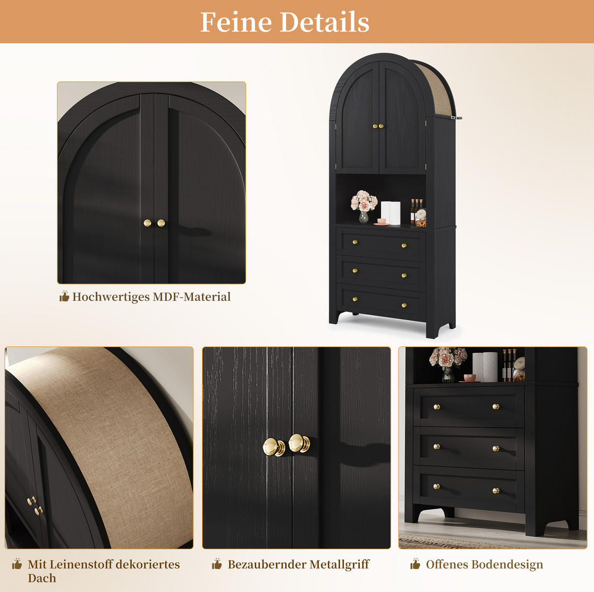 BUFFET 70/35/180 cm schwarz aus MDF mit 3 Schubladen - Schwarz, Holzwerkstoff (70/180/35cm) - OKWISH