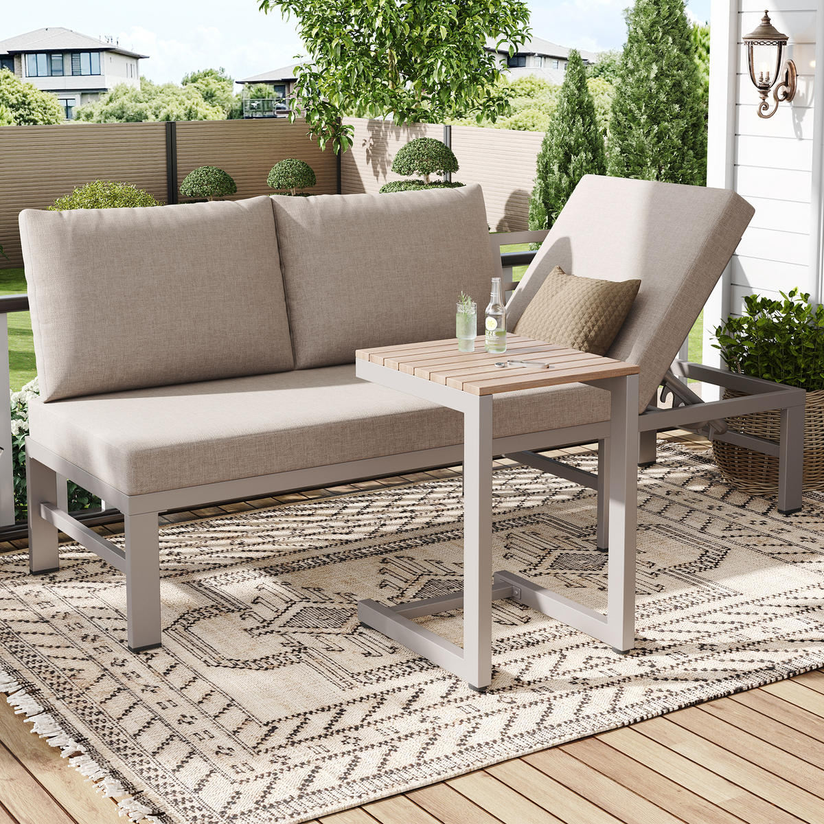 GARTENMÖBEL-SET 3-Sitzer Sofa Verstellbar Tisch Stahl Khaki - Hellbraun, Textil - FLIEKS