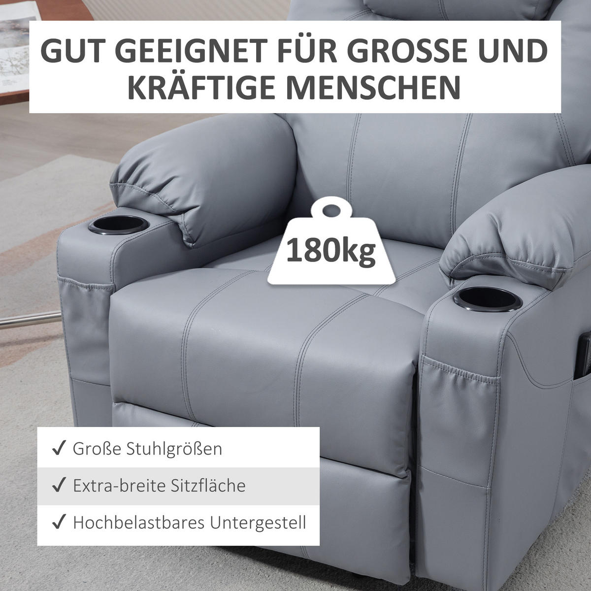SESSEL mit Aufstehhilfe, Grau - Grau, Kunststoff (99/106/88cm) - HOMCOM
