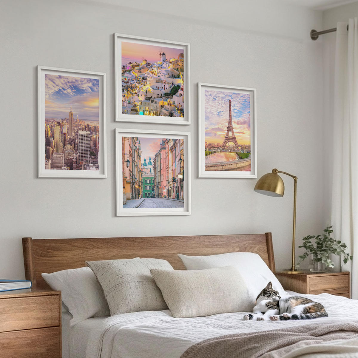 BILDER SET 4er Set - 50x50 cm & 40x60 cm Weißer Rahmen - New York Paris Oia Warschau Dämmerung - Weiß, Kunststoff (50/50cm) - TULUP