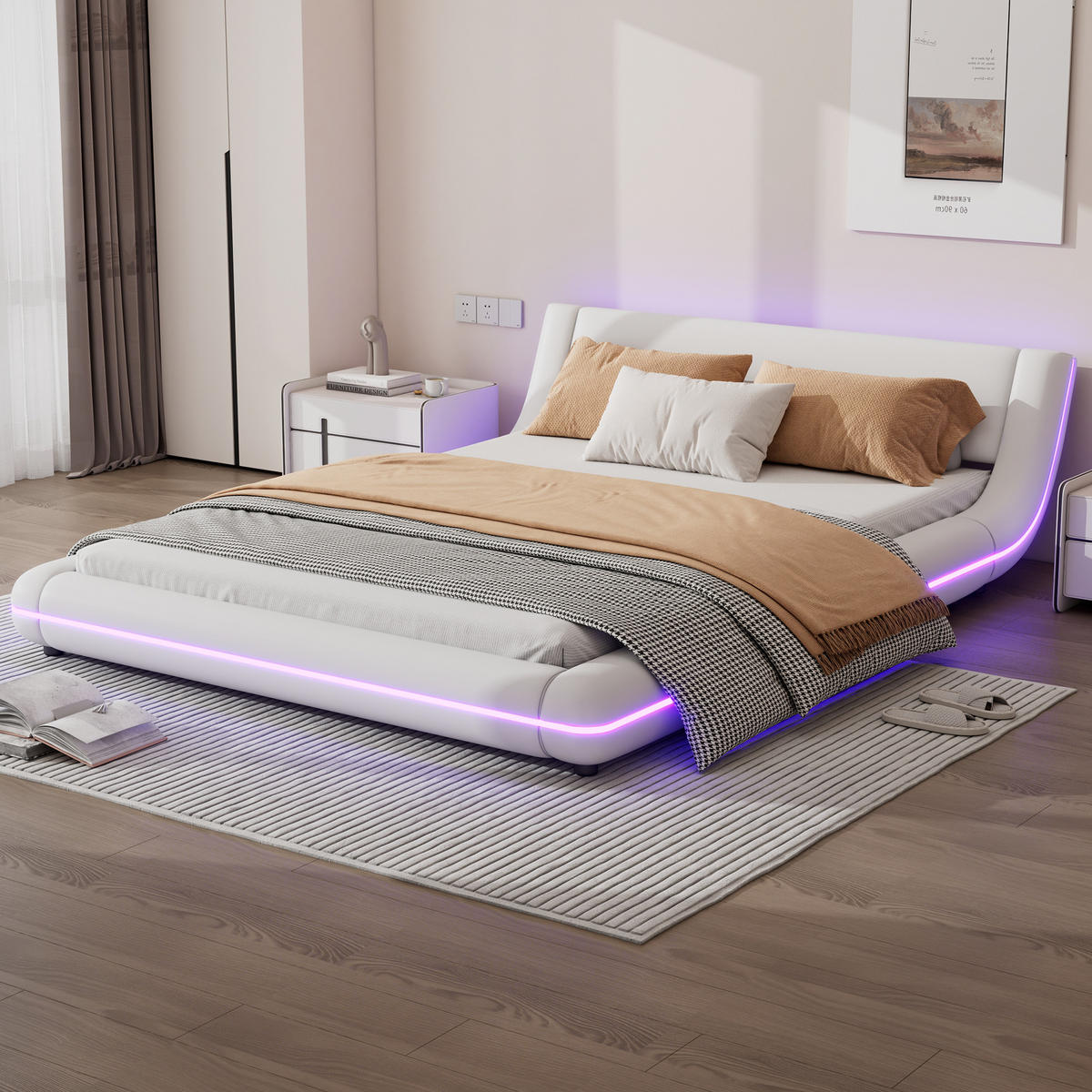 POLSTERBETT 140/200 cm DE-04601, mit LED-Umgebungslicht in Weiß - Weiß, Holzwerkstoff (140/200cm) - ComfortXL