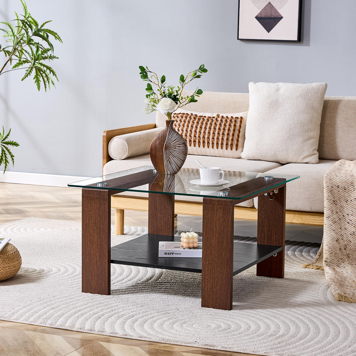 COUCHTISCH 75/75/45,5 cm walnussfarben aus MDF und Glas mit Ablage - Walnussfarben, Holzwerkstoff (75/75/45.5cm) - OKWISH