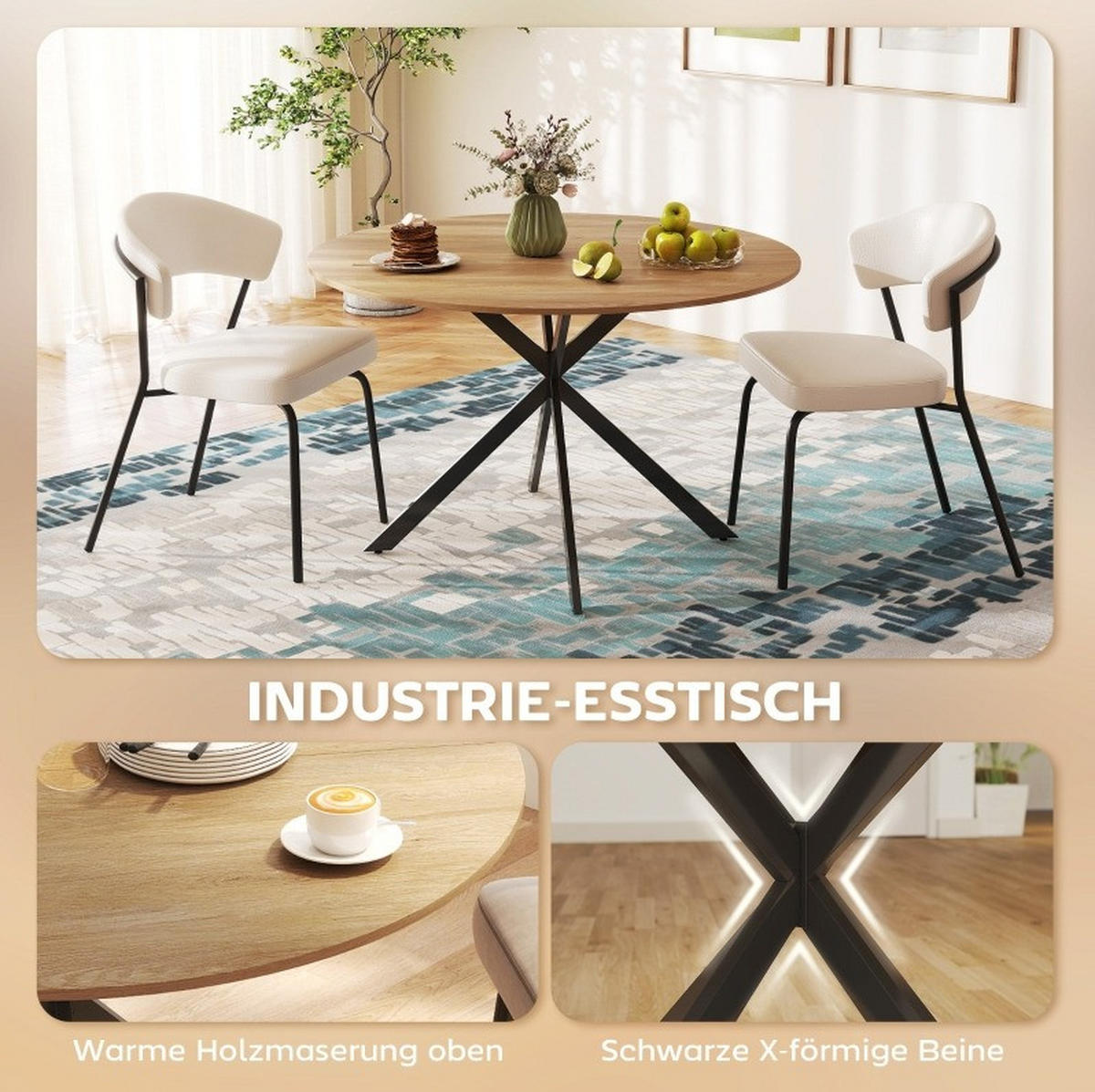 ESSTISCH 120 cm in Eicheoptik mit Stahlbeinen im Industriestil - Eichefarben, Holz (120/120/75cm) - Flora Grace