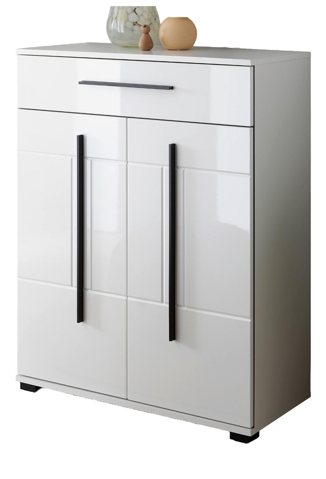 SCHUHSCHRANK weiß Hochglanz 80 x 103 cm, Kommode mit Soft-Close - Weiß Hochglanz/Schwarz, Holzwerkstoff/Kunststoff (80/103/39cm) - Furn.Design