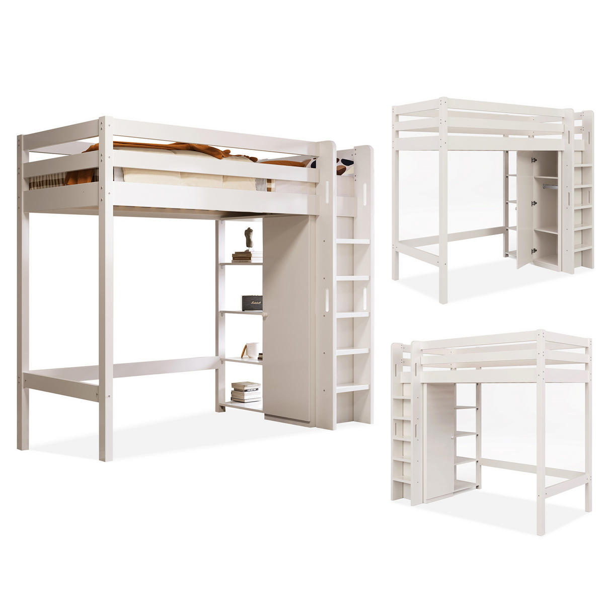 HOCHBETT 90/200 cm in Weiß – mit Kleiderschrank, 6 Regalen und Lattenrost - Weiß, Holzwerkstoff (90/200cm) - BEAOK