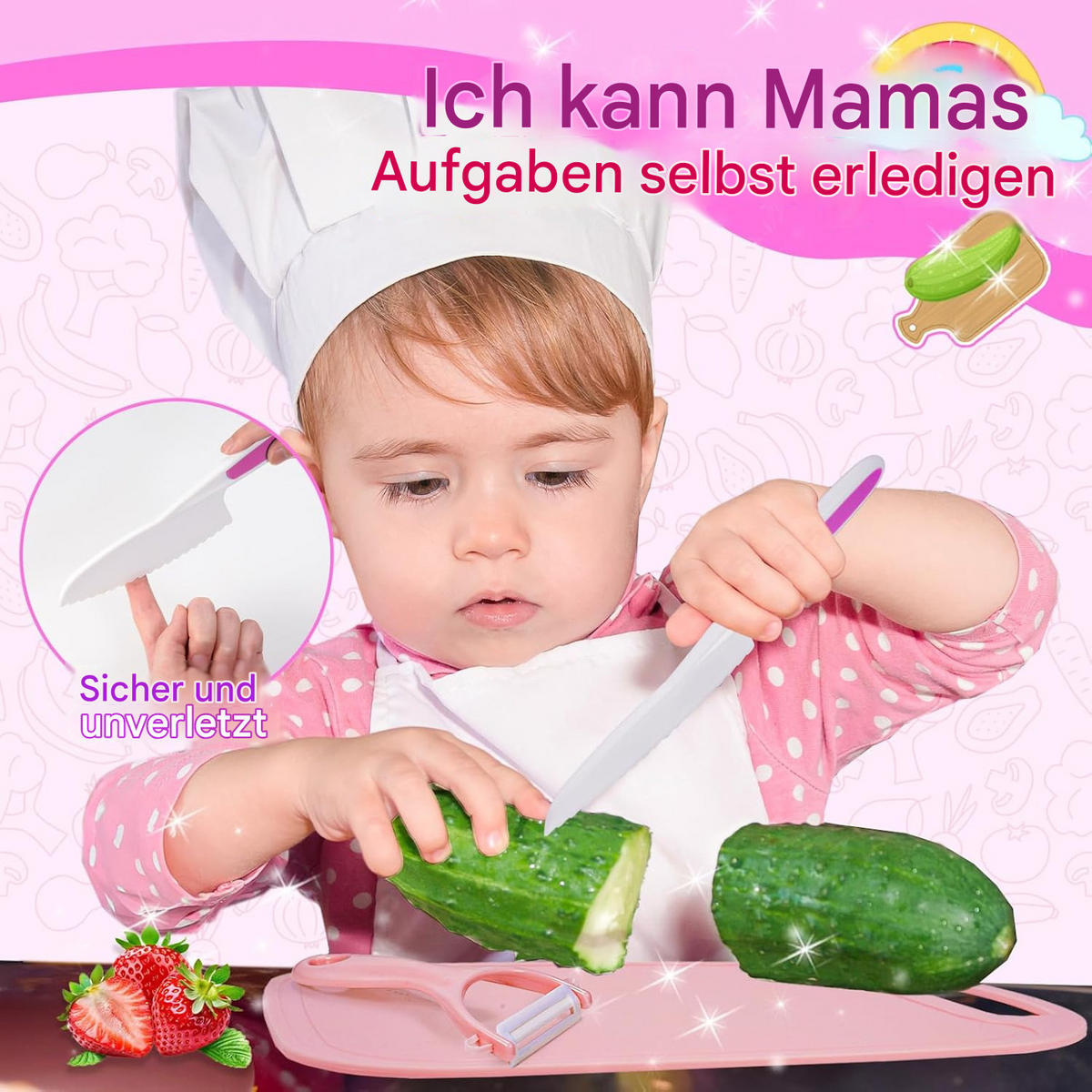KINDERKÜCHE Messerset, Montessori Werkzeuge, mit Korb Aufbewahrung - Pink, Kunststoff (21/31/4cm) - Authentics