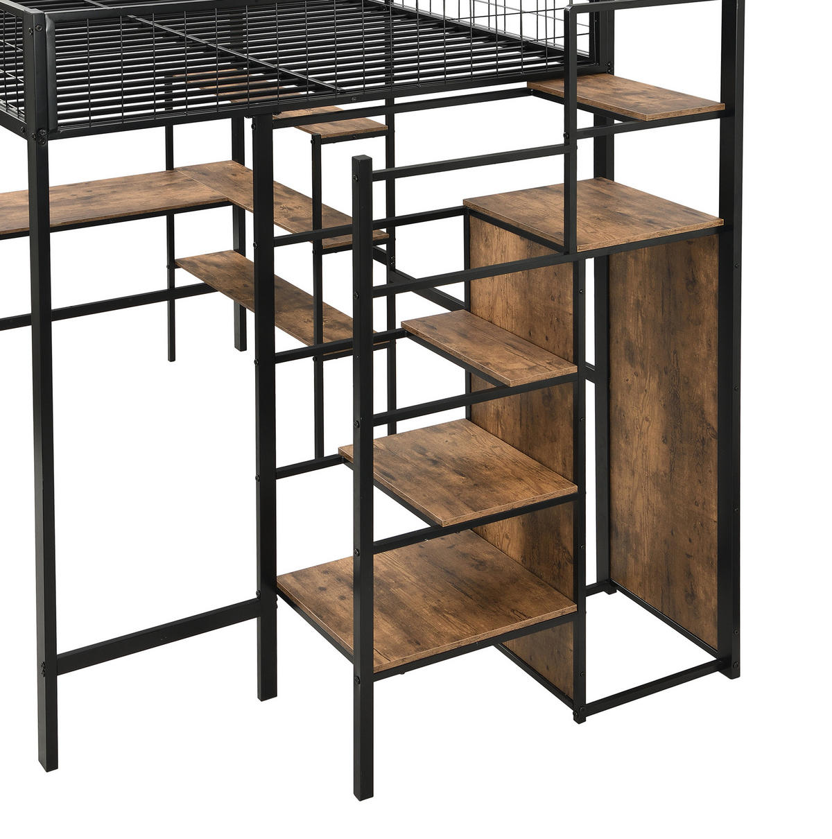 HOCHBETT aus Metall und MDF 140x200 cm Schwarz/Braun mit Schreibtisch, Regalen und Kleiderschrank - Schwarz, Metall (90/190cm) - Modfu