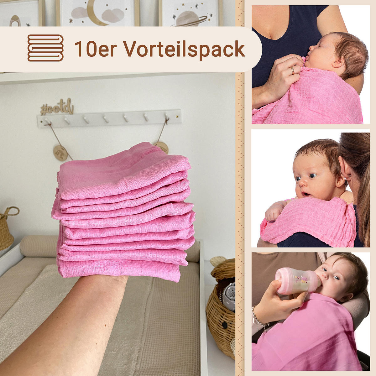 SPUCKTÜCHER, 10er-Set, 70x70 cm, 100% Baumwolle, Rosa - Rosa, Textil (70/70cm) - Zollner