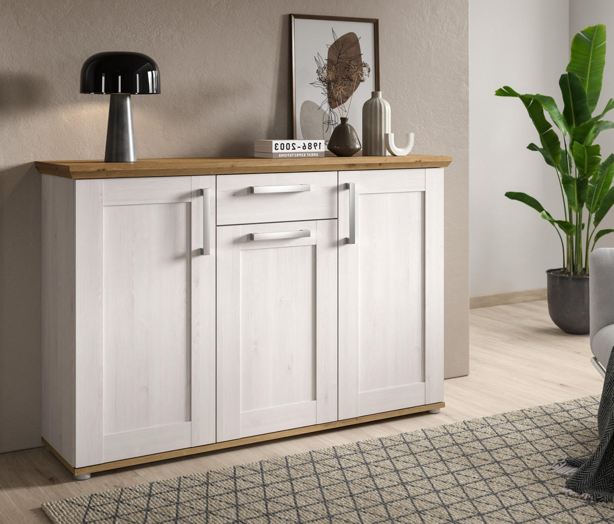 SIDEBOARD weiß Lärche, Eiche Artisan 137 cm, Kommode im Landhaus-Stil - Silberfarben/Weiß, Holzwerkstoff/Kunststoff (137/92/39cm) - Inn.Furn