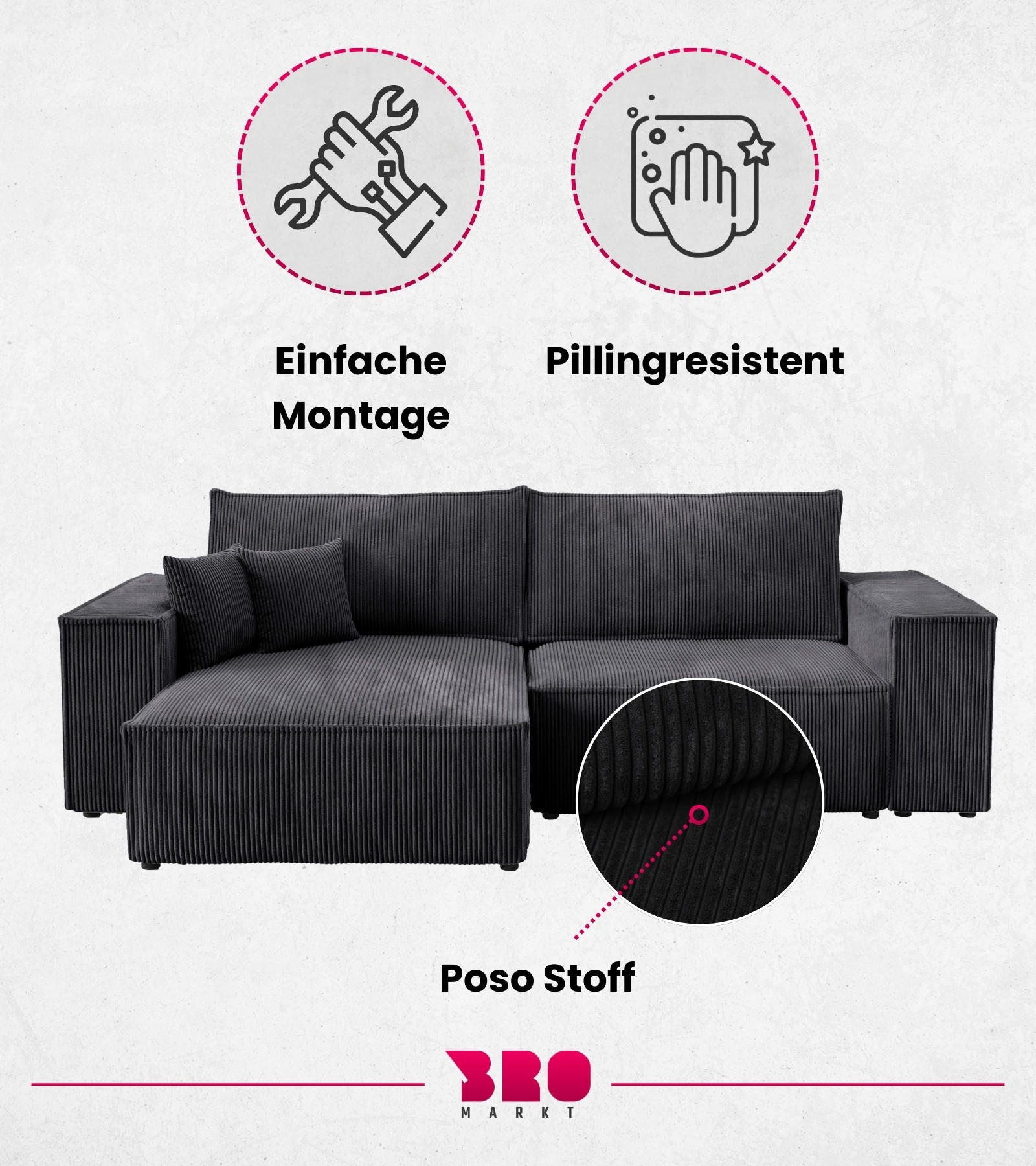 Thumbnail - Bromarkt Ecksofa, Schwarz, Textil, 3-Sitzer, L-Form, 255x153 cm, Wohnzimmer, Sofas & Couches, Wohnlandschaften, Ecksofas