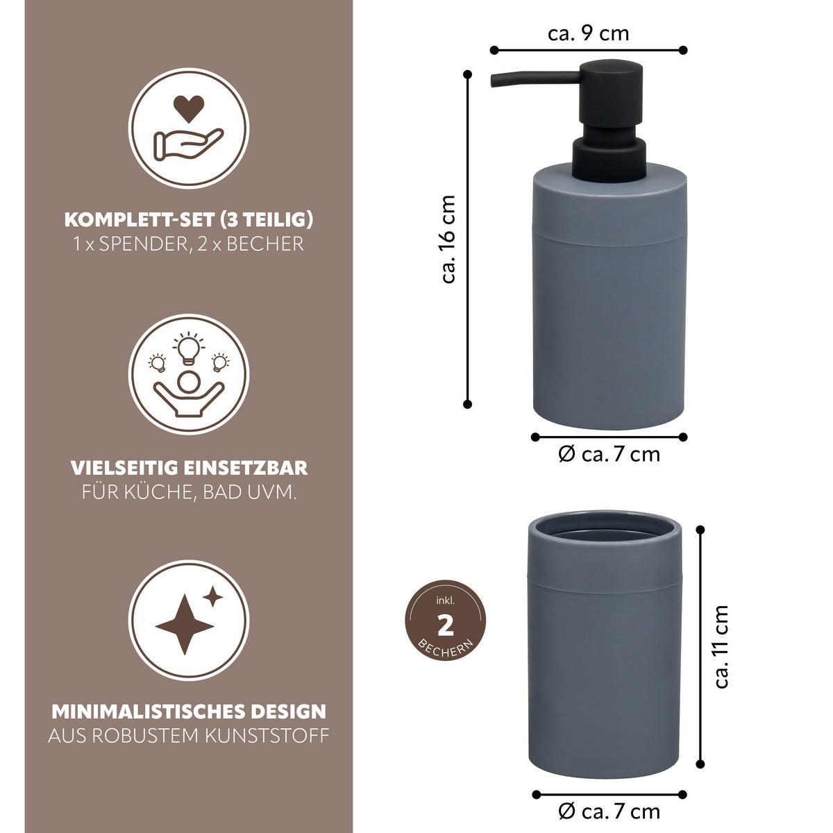 BADEZIMMER-SET SAVONA, Soft-Touch, grau, rund - Grau, Kunststoff (7/16/9cm) - bremermann