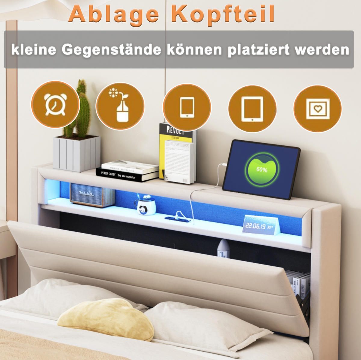 POLSTERBETT mit hydraulischem Stauraum 140x200 cm Leinen Beige - Beige, Metall (140/200cm) - Beauniv