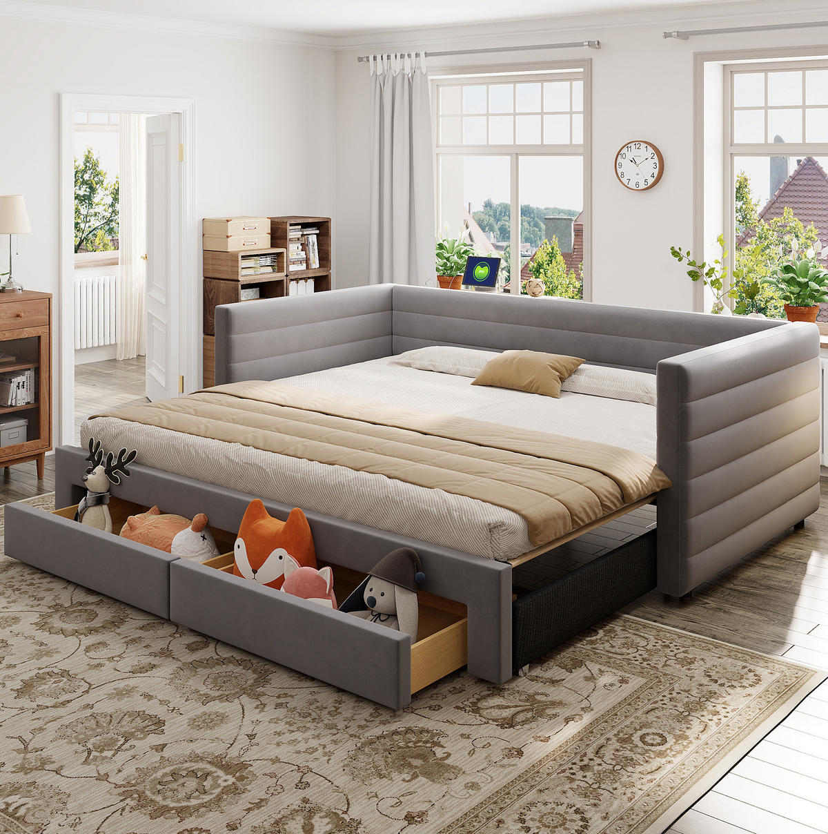 POLSTERBETT 90/190 cm Grau 3-in-1 Polsterschlafsofa mit Stauraumschubladen mit Lattenrost - Grau, Textil (90/190cm) - OKWISH