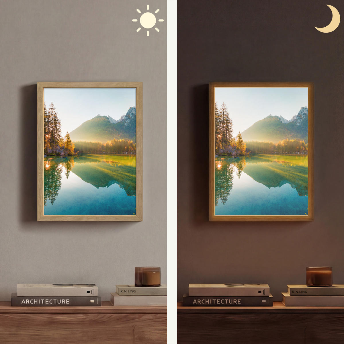 WANDLEUCHTE MIT AKKU See - Wald - Berge - Natur - Sonne - Landschaft 30x40 cm - Grün, Holzwerkstoff (30/40/8cm) - OnlyWow