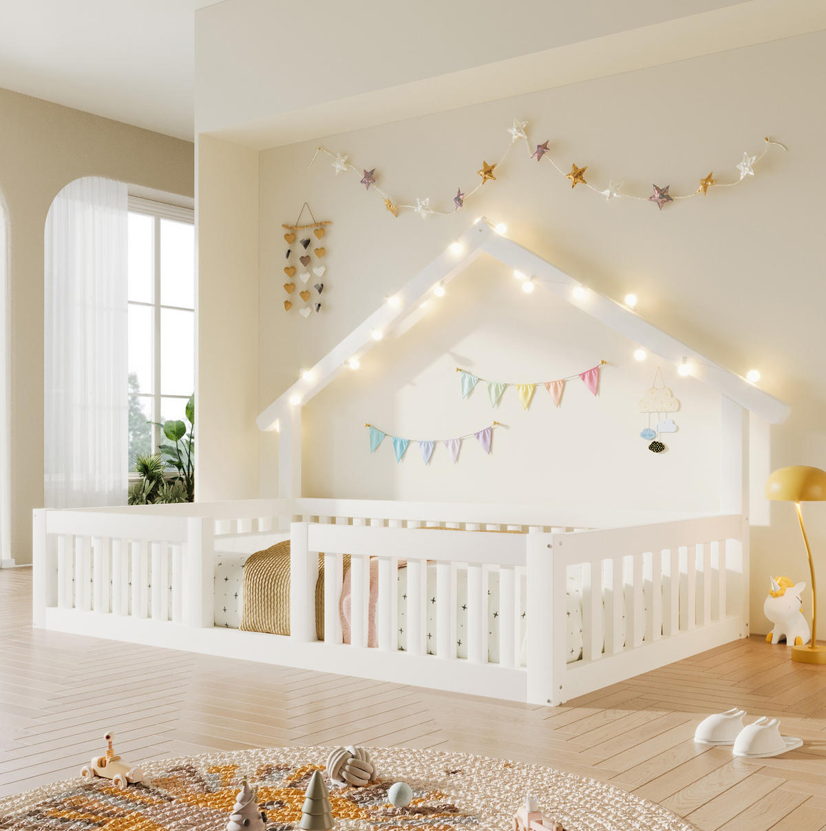 HAUSBETT 90x200 cm in Weiß mit Rausfallschutz und LED-Lichterkette - Weiß, Holz (90/200cm) - IVMEU