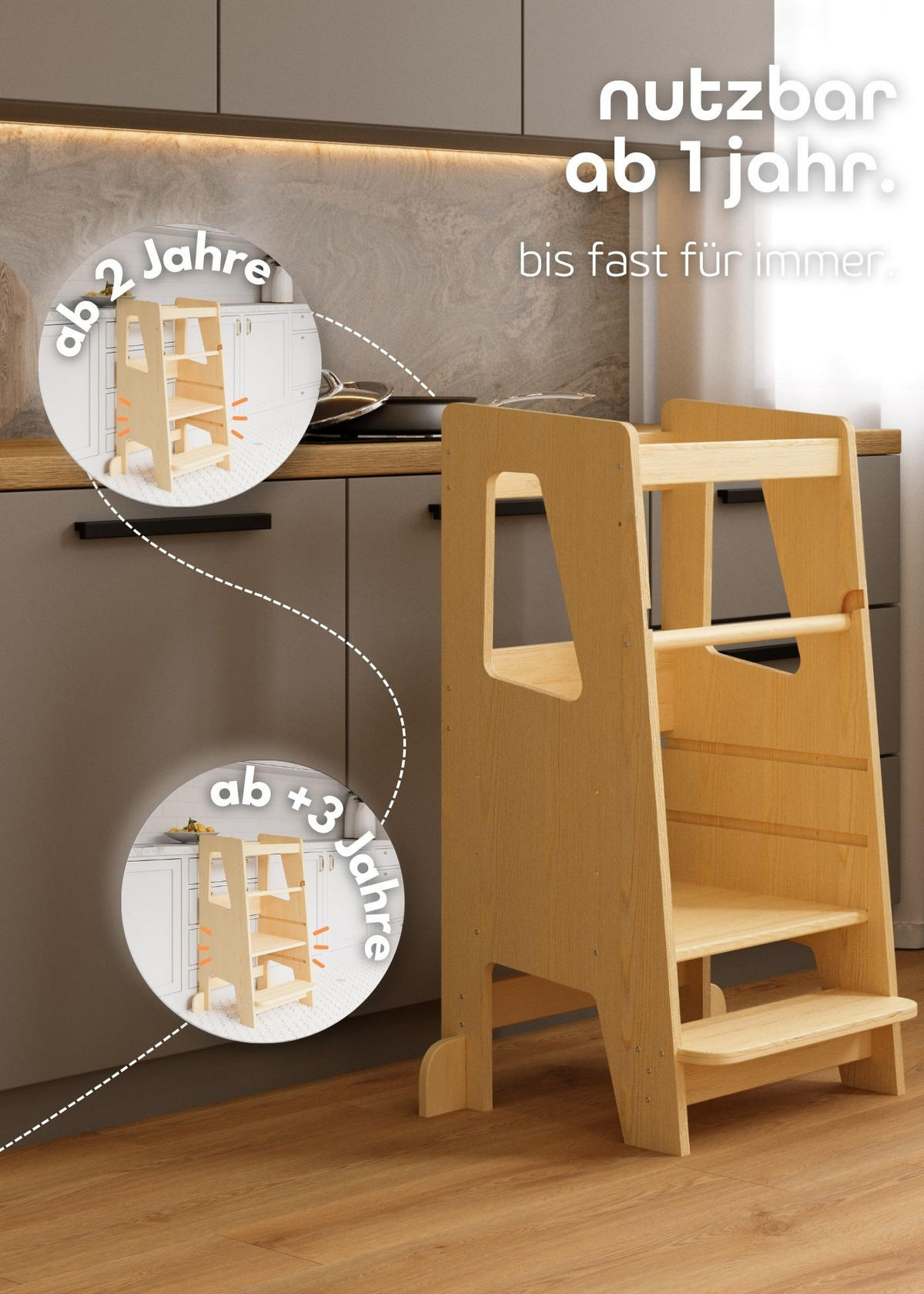 LERNTURM Steppy Höhenverstellbar Montessori Kippschutz natur - Naturfarben, Holzwerkstoff (44/90/44cm) - Sämann – make a difference.