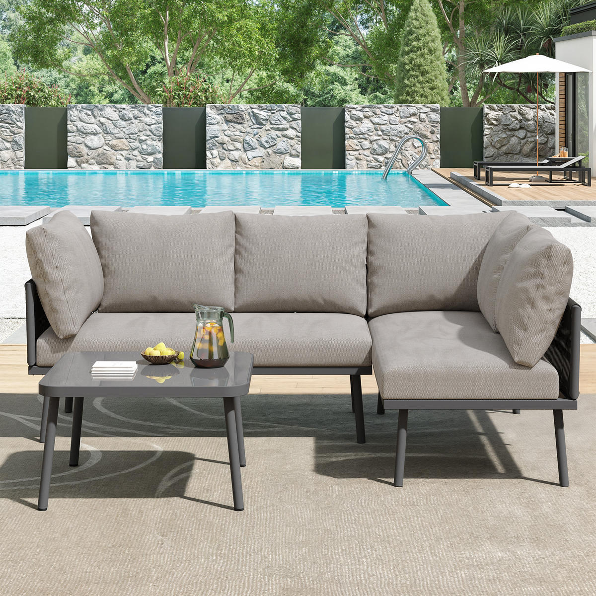 GARTENMOEBEL Set L-Form Eisen Grau Seil Verstellbare Füße 2 Sofas Tisch - Grau, Metall - FLIEKS