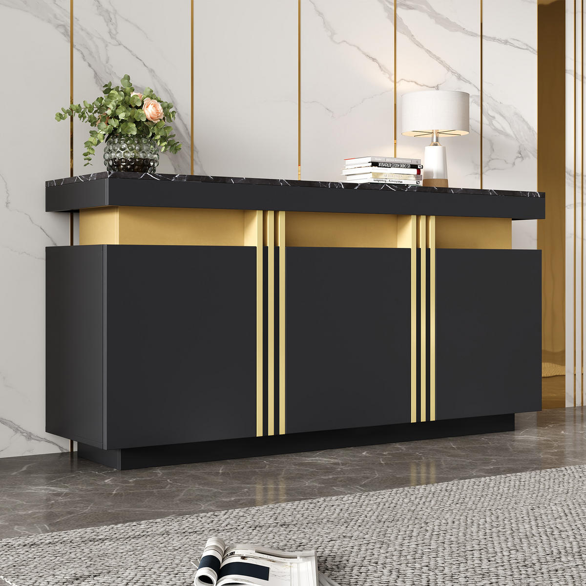 SIDEBOARD Schwarz Gold 3 Türen 140x38x70cm Stauraum Modern - Schwarz, Holzwerkstoff (38/70/140cm) - FLIEKS