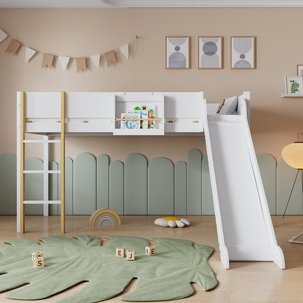 HOCHBETT 90/200 cm in Weiß/Natur – mit Rutsche, Leiter und Rausfallschutz - Weiß, Holzwerkstoff (90/200cm) - BEAOK