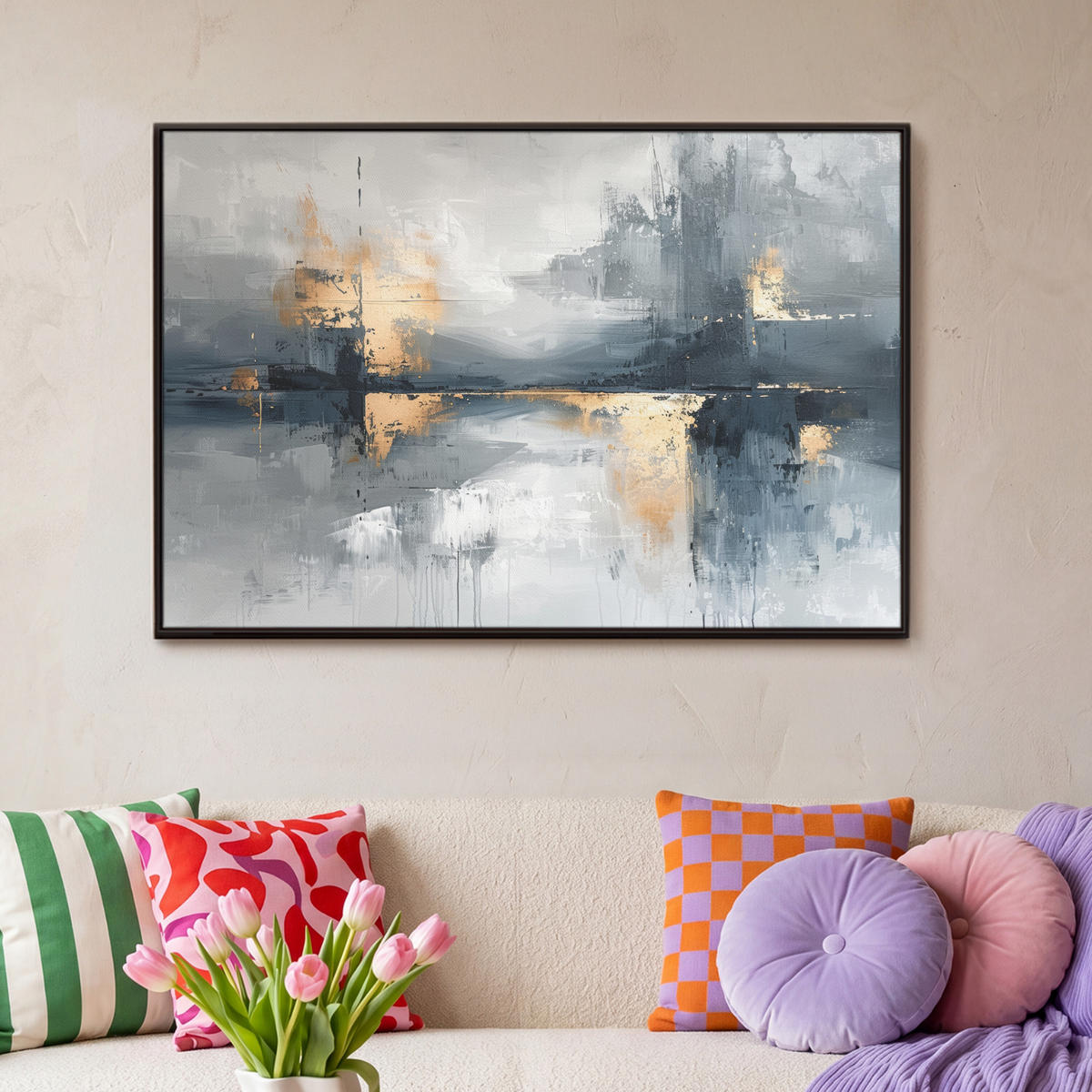 LEINWAND Bilder mit Rahmen - Kunst - Grau - Gold - Abstrakt - 90x60 - Dunkelgrau, Textil (90/60cm) - MuchoWow