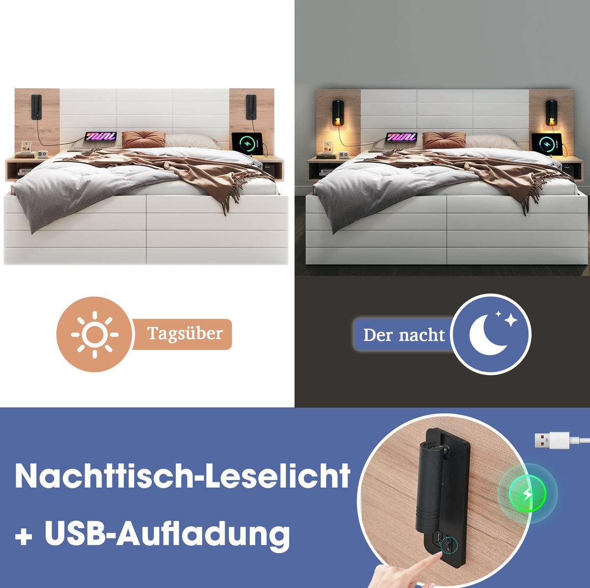 DOPPELBETT 140/200 cm mit USB, Leselampe, 2 Schubladen und Nachttischen aus Massivholz/MDF, Weiß/Eichefarben - Weiß, Holzwerkstoff (140/200cm) - Redom