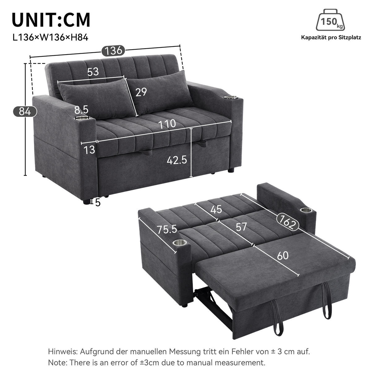 SCHLAFSOFA 2-Sitzer Baumwollstoff mit 3-fach verstellbarer Rückenlehne und Getränkehalter Grau 136/162/84 cm - Grau, Textil (84/136/162cm) - Redom