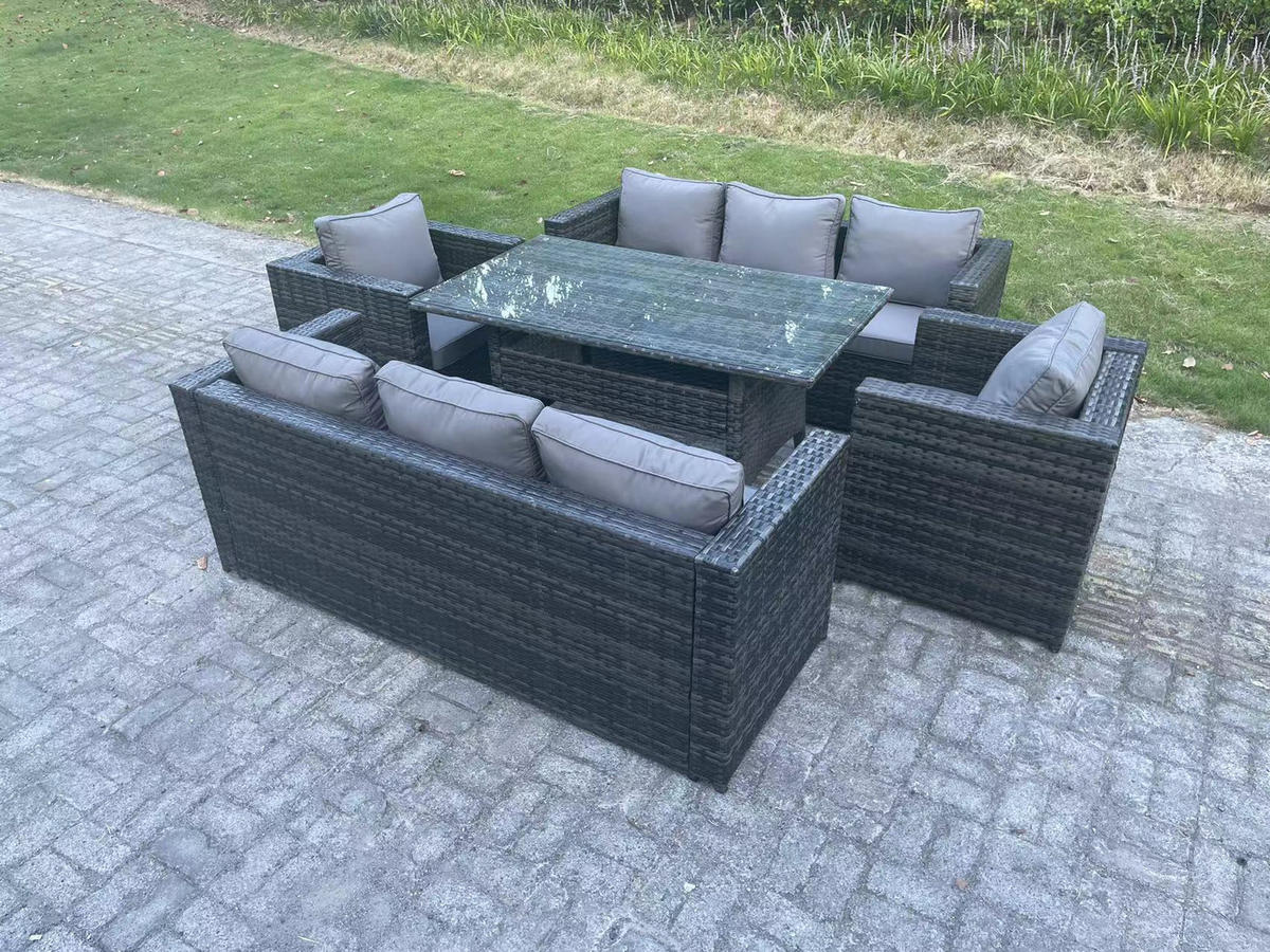 SITZGRUPPE Polyrattan Dunkelgrau 8-Sitzer - Dunkelgrau/Grau, Glas/Kunststoff - Fimous