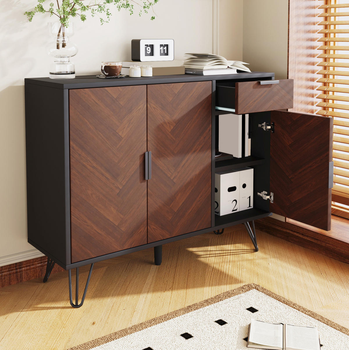 SIDEBOARD 90/30/71,5 cm in Schwarz und Holzoptik mit 3 Türen und Schublade - Naturfarben, Holzwerkstoff (90/71.5/30cm) - Flora Grace