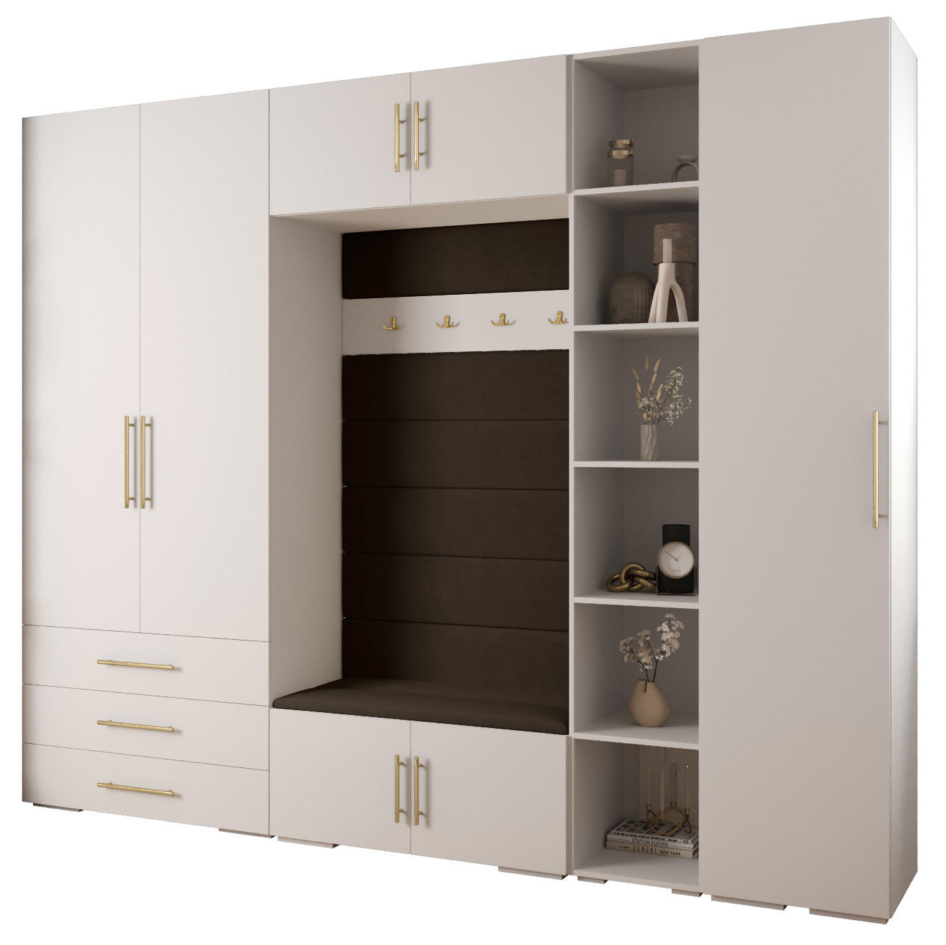 Abiks Möbel Garderoben-Set Weiß, Braun, Gold 290x236.7x47 cm