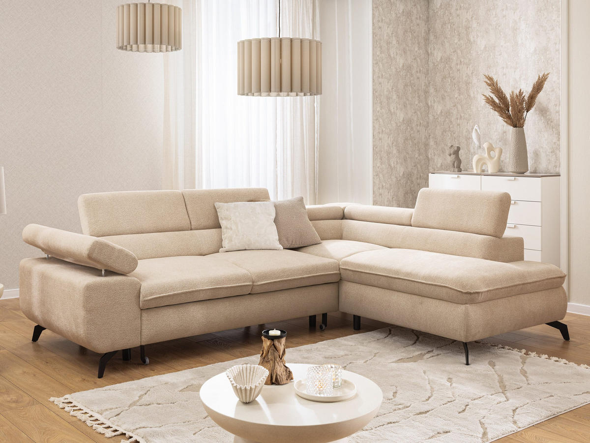 ECKSOFA mit Schlaffunktion und Bettkasten Bonnie aus Taupe Chenille-Stoff mit verstellbaren Kopfstützen und Armlehne - Ottomane rechts - Taupe/Schwarz, Holz/Textil (275/210cm) - S-Style Möbel