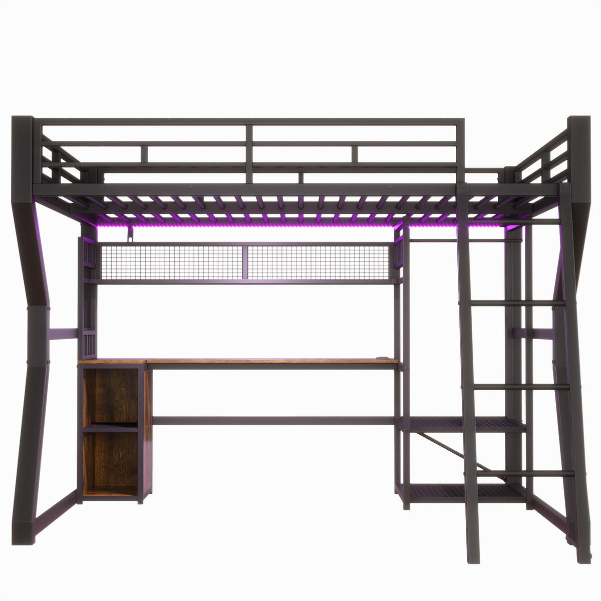 HOCHBETT 140/200 cm in Schwarz mit Lichtleiste, Steckdose, Schreibtisch und Staufächern aus Metall - Schwarz, Holzwerkstoff/Metall (140/200cm) - CHICFURN