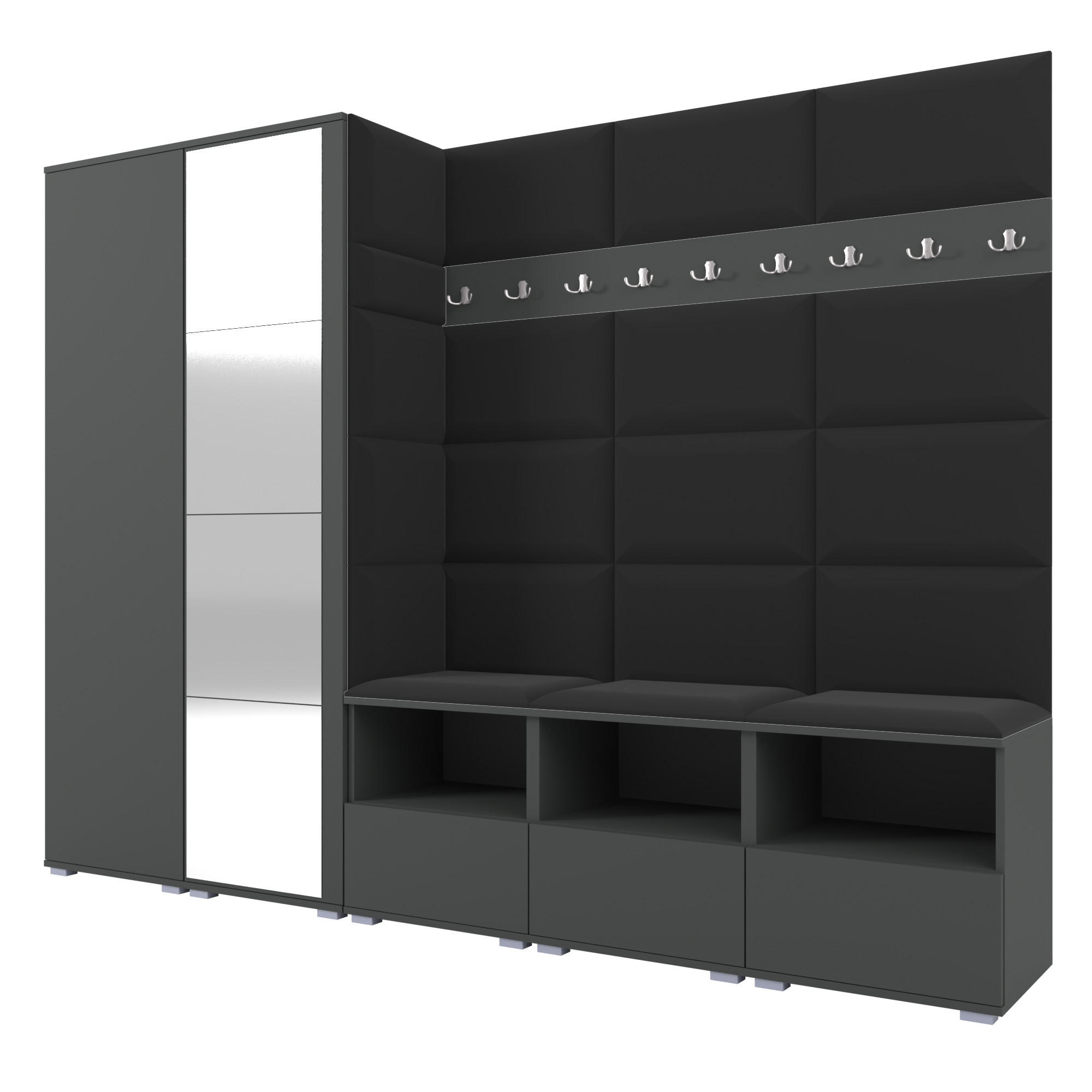 GARDEROBE NELA VII 250 cm (Modulare Flurmöbel XL Graphit mit Spiegel & Sitzpolster Schwarz 16 Universell) - Silberfarben/Schwarz, Holz/Holzwerkstoff (250/187/40cm) - Ravio