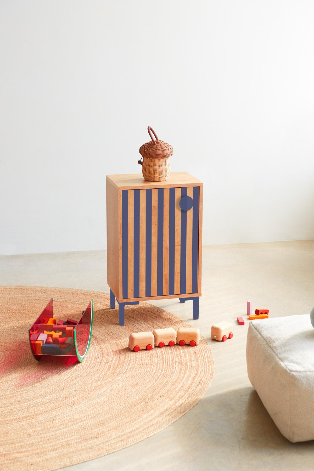 NACHTTISCH mit 1 Eichentür und blauen Streifen WILLIAM KIDS - Blau/Eiche Artisan, Holzwerkstoff (40/65/30cm) - RNT By Really Nice Things