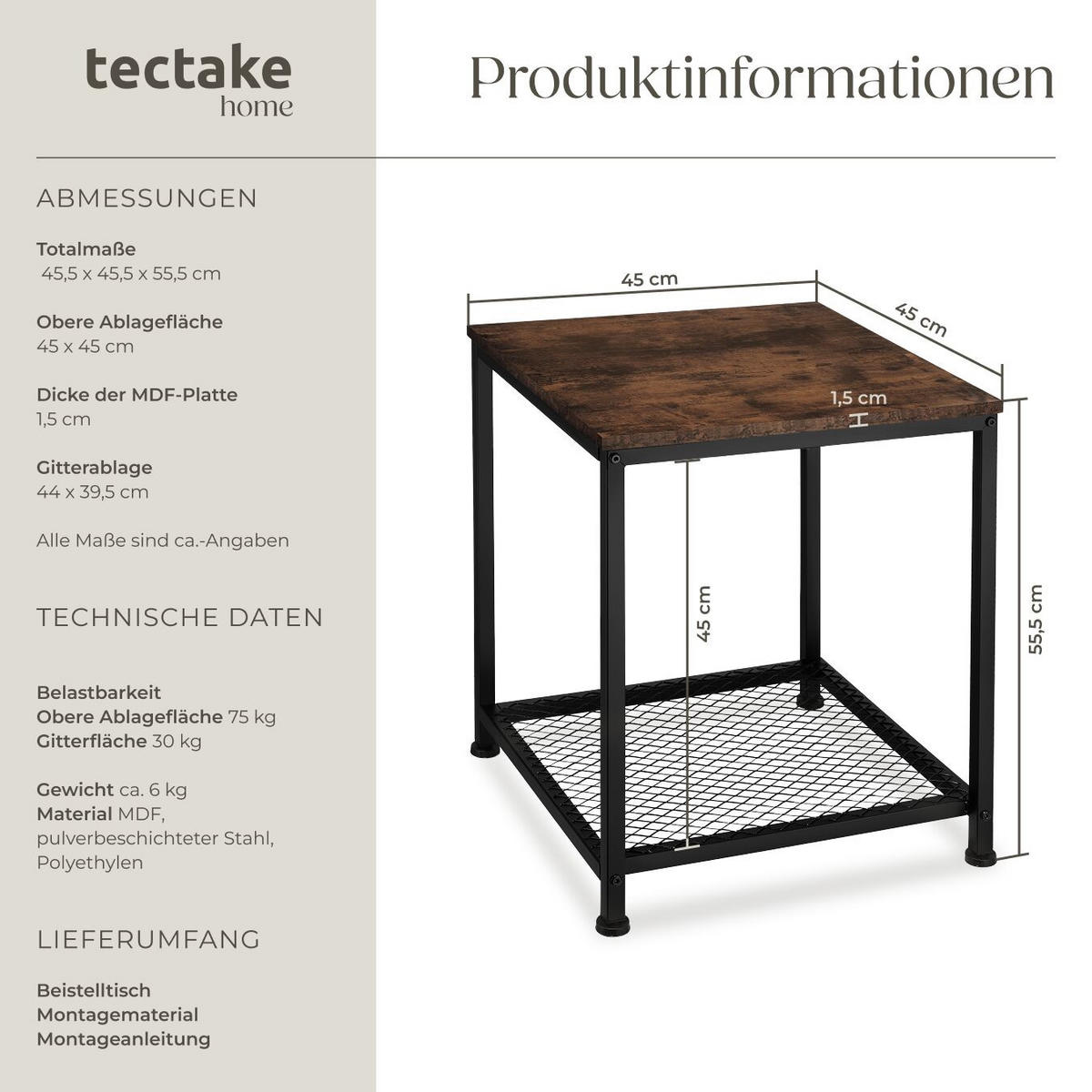 BEISTELLTISCH Derby,45,5 x 45,5 x 55,5 cm,Industrial Holz dunkel, rustikal - Rostfarben, Holz (45.5/45.5/55.5cm) - tectake