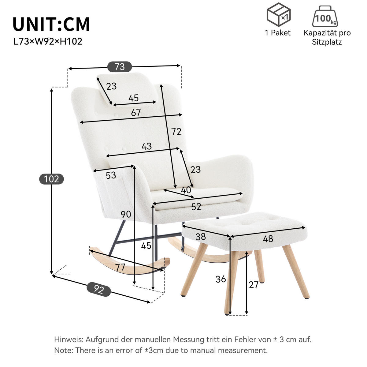 SCHAUKELSTUHL Teddy-Samt mit Hocker und Taschenablage 73/92/102 cm Weiß - Weiß, Holz/Textil (92/102/73cm) - Redom