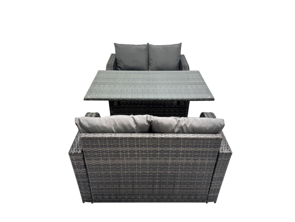 GARTENGARNITUR mit Zweisitzer Polyrattan Dunkelgrau 4-Sitzer - Dunkelgrau/Grau, Glas/Kunststoff - Fimous