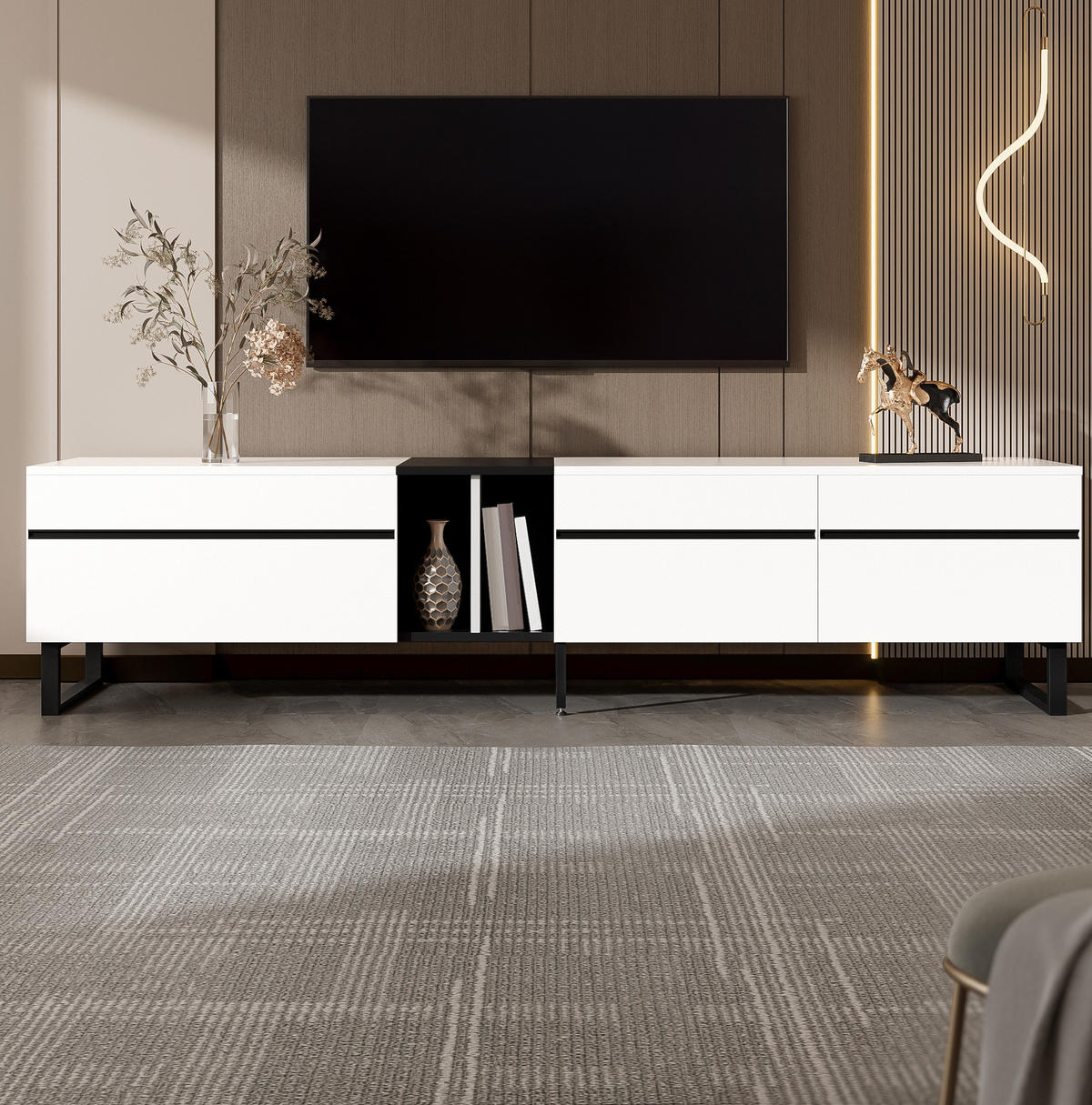 TV-LOWBOARD aus Spanplatte 180x38x45 cm Weiß mit Klappfach, offenen Fächern und Türen - Weiß, Holzwerkstoff (180/45/38cm) - IVMEU