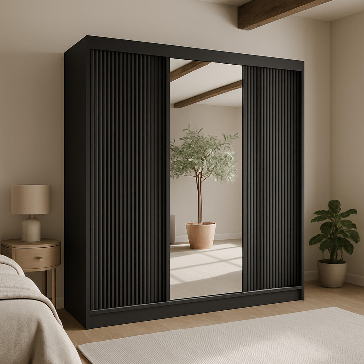 SCHWEBETÜRENSCHRANK Rafi mit Spiegel und mit geriffelten Fronten, 200 cm, Schwarz - Schwarz, Holzwerkstoff (200/215/61cm) - AN-Moebel 4u