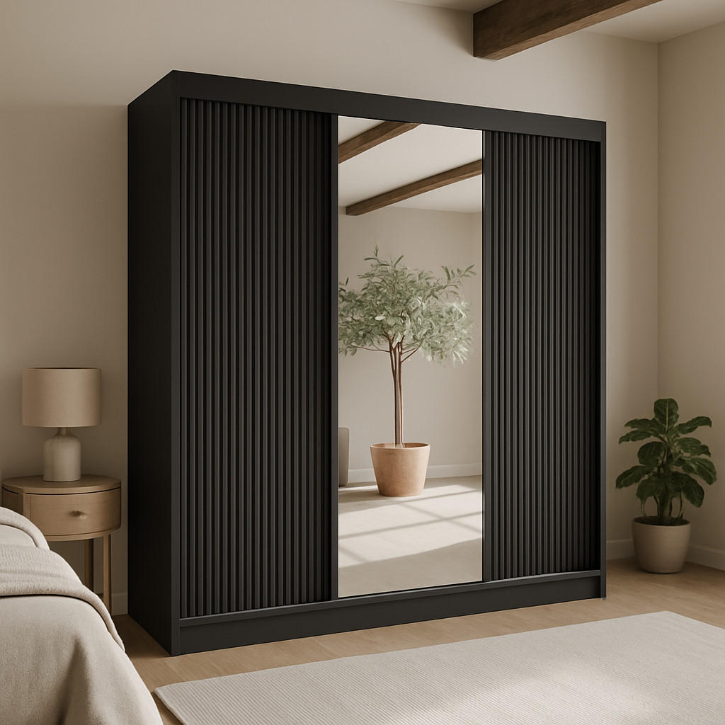 AN-Moebel 4u SCHWEBETÜRENSCHRANK Schwarz 200cm × 61cm × 215cm
