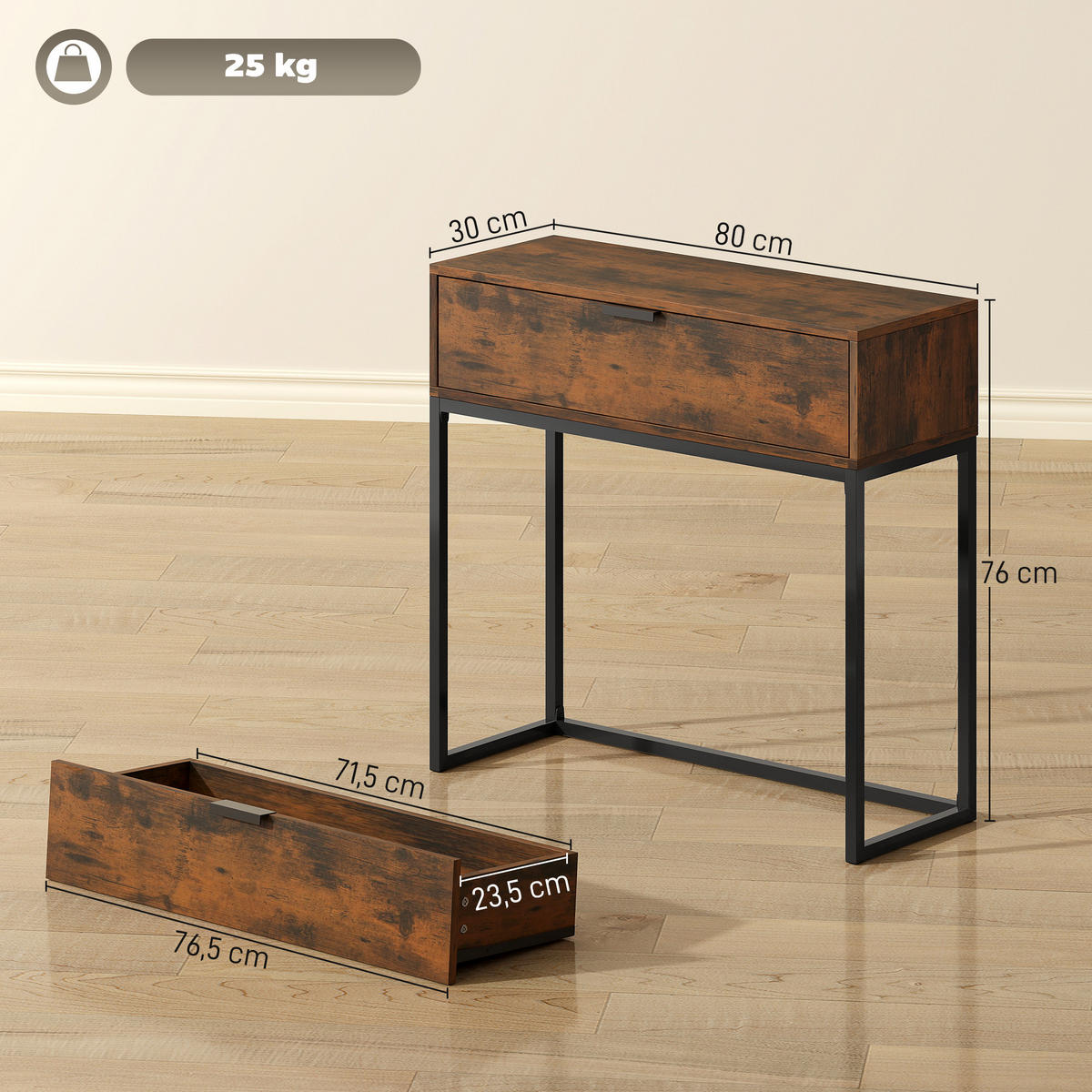 KONSOLENTISCH Flurtisch mit Schublade Stahlrahmen Beistelltisch Rustikal-Braun - Schwarz/Braun, Holzwerkstoff/Metall (80/30/76cm) - HOMCOM