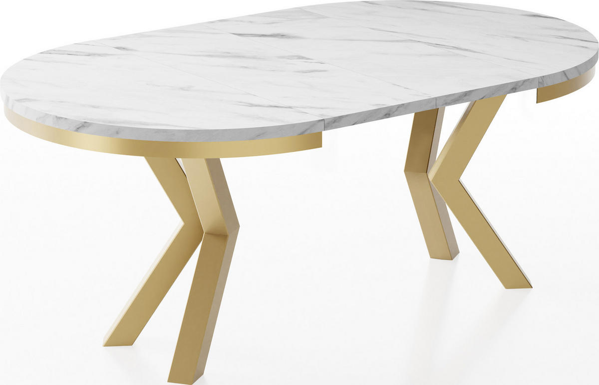 ESSTISCH Clara Gold runder ausziehbarer, Marmor Weiß 100-180/100/76 cm - Ecru/Goldfarben, Holzwerkstoff/Metall (100/100/76cm) - WFL GROUP