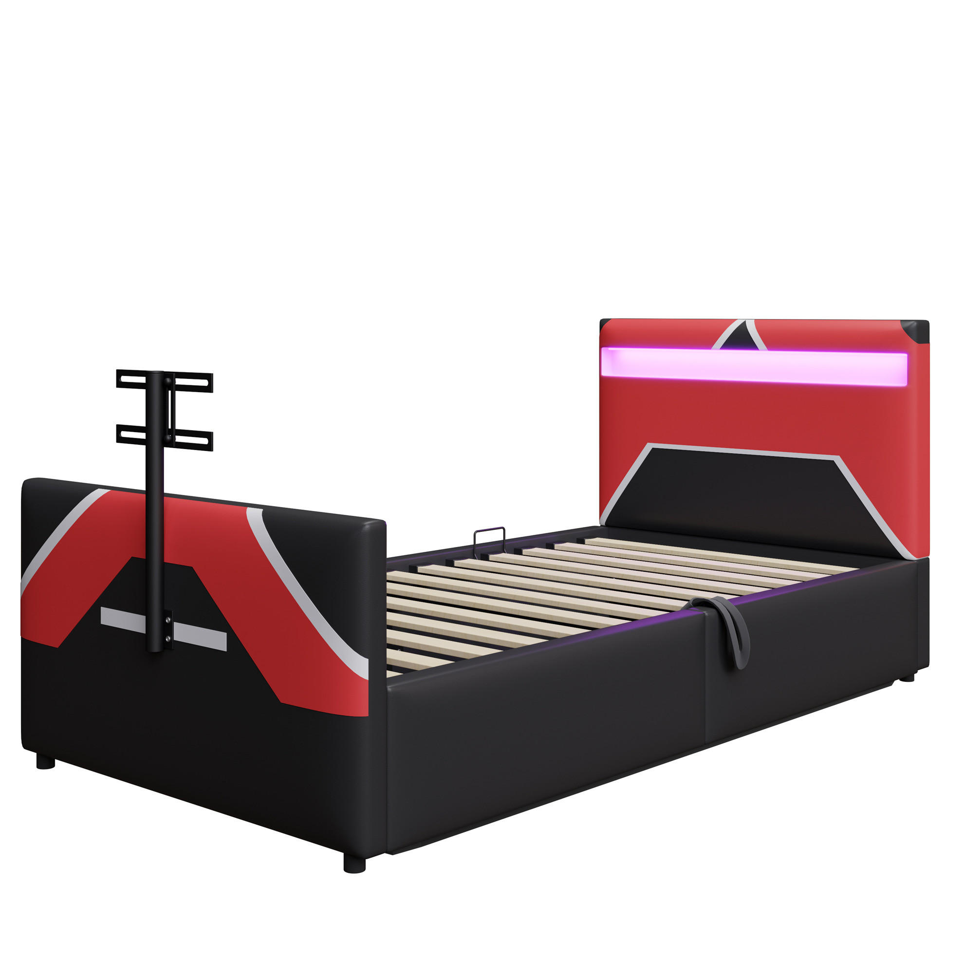 KINDEREINZELBETTEN aus Kunstleder 90x200 cm in Schwarz mit LED & TV-Halterung - Schwarz, Leder (90/200cm) - Modfu