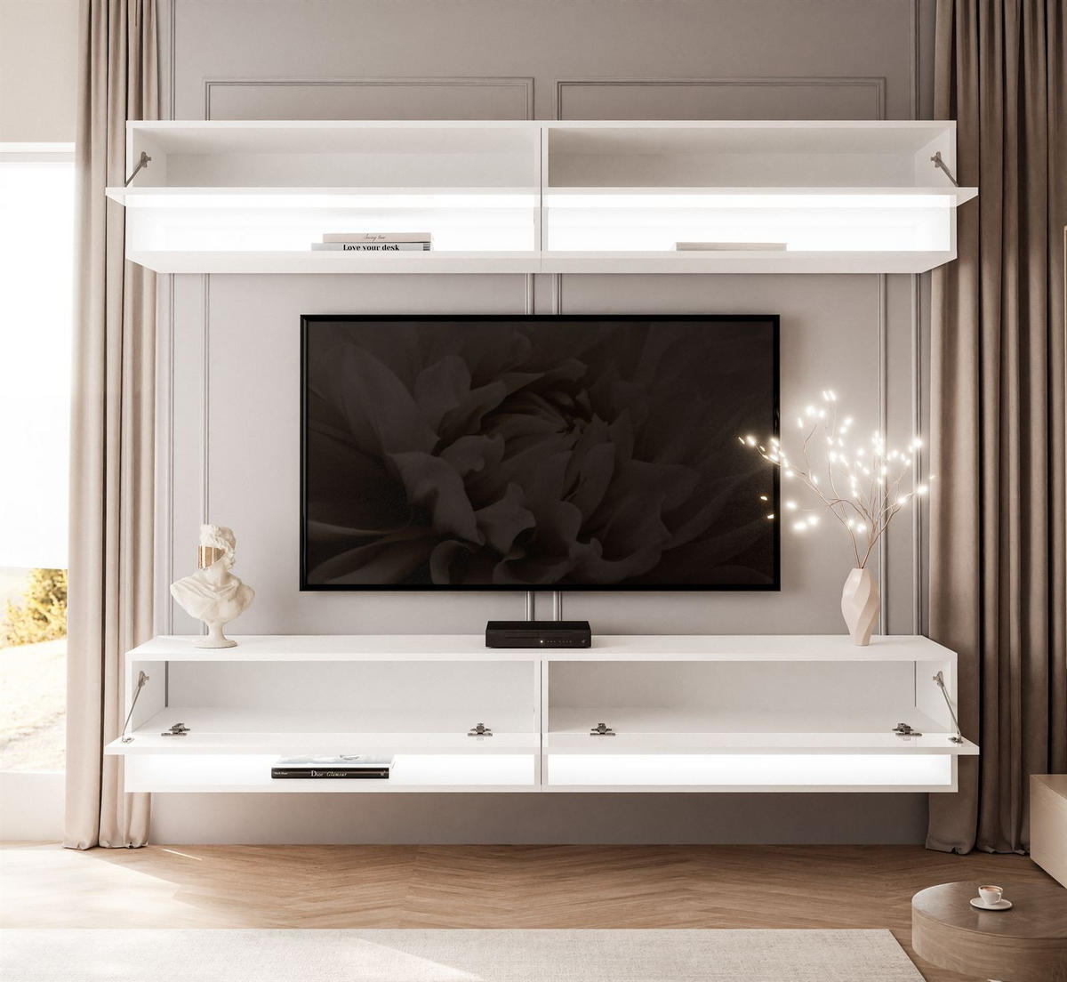 WOHNWAND Calante mit LED-Beleuchtung - Weiß Hochglanz, Holzwerkstoff (180/30/35cm) - Lookway