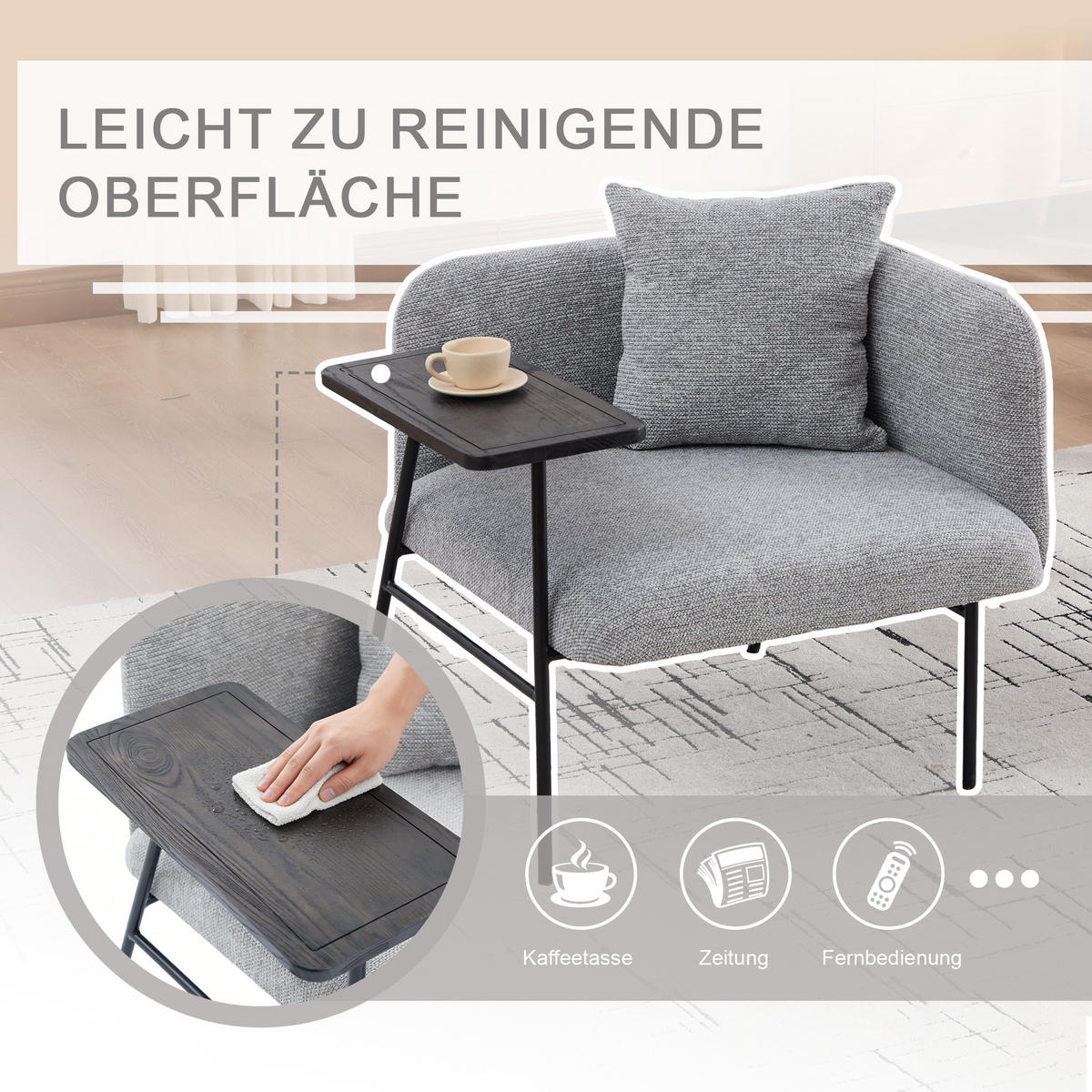 SESSEL Chenille Grau mit Beistelltisch und Seitentaschen - Grau, Textil/Metall (86/71/72cm) - WISHDOR