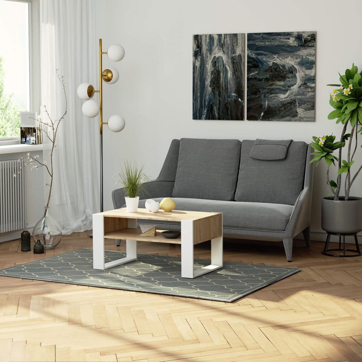 COUCHTISCH DOMI Sonoma Eiche, Weiß 53x92x45 cm - Weiß/Sonoma Eiche, Holzwerkstoff (53/92/45cm) - Akord