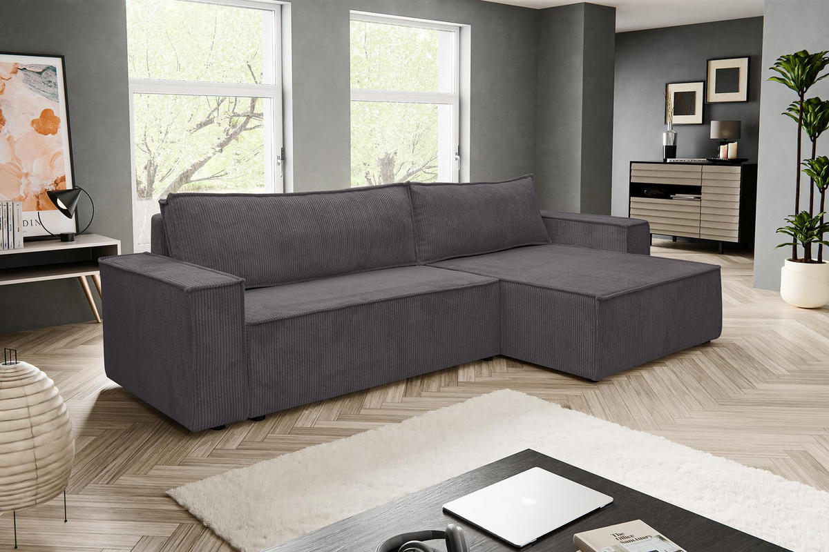 ECKSOFA HUGO XL Schlaffunktion und Bettkasten Cord-Stoff (Dunkelgrau) - Dunkelgrau, Textil (274/142cm) - VENASI MÖBEL