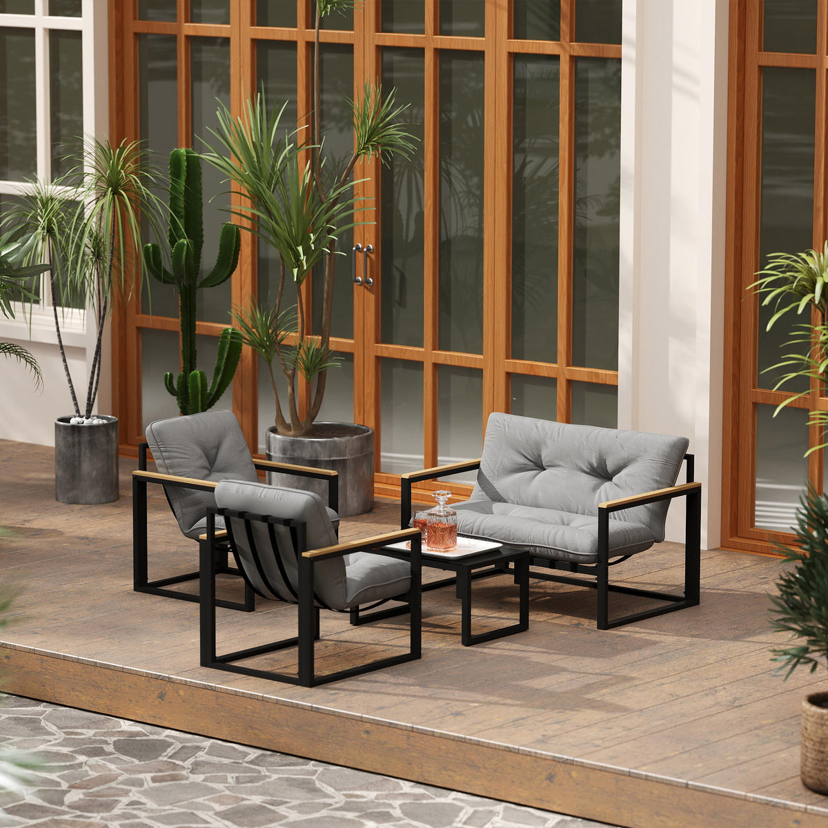 GARTENLOUNGE-SET 4-teilig DE-13425 2 Sessel + Sofa mit Tisch Grau - Hellgrau, Metall - ComfortXL