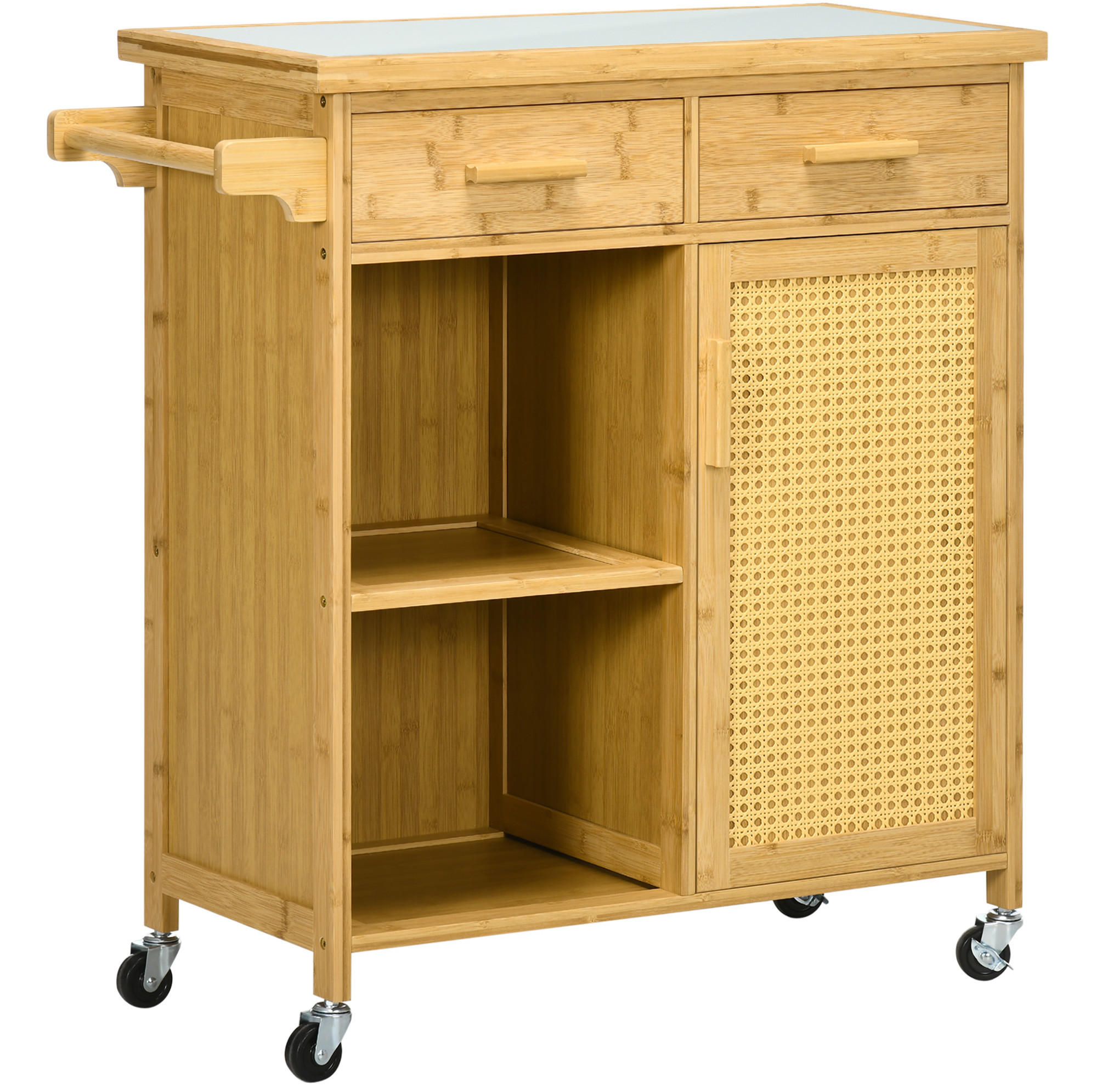 SERVIERWAGEN 84/36/85 cm mit Rollen, Schubladen und Glasplatte - Naturfarben, Holz (36/85/84cm) - BEAOK