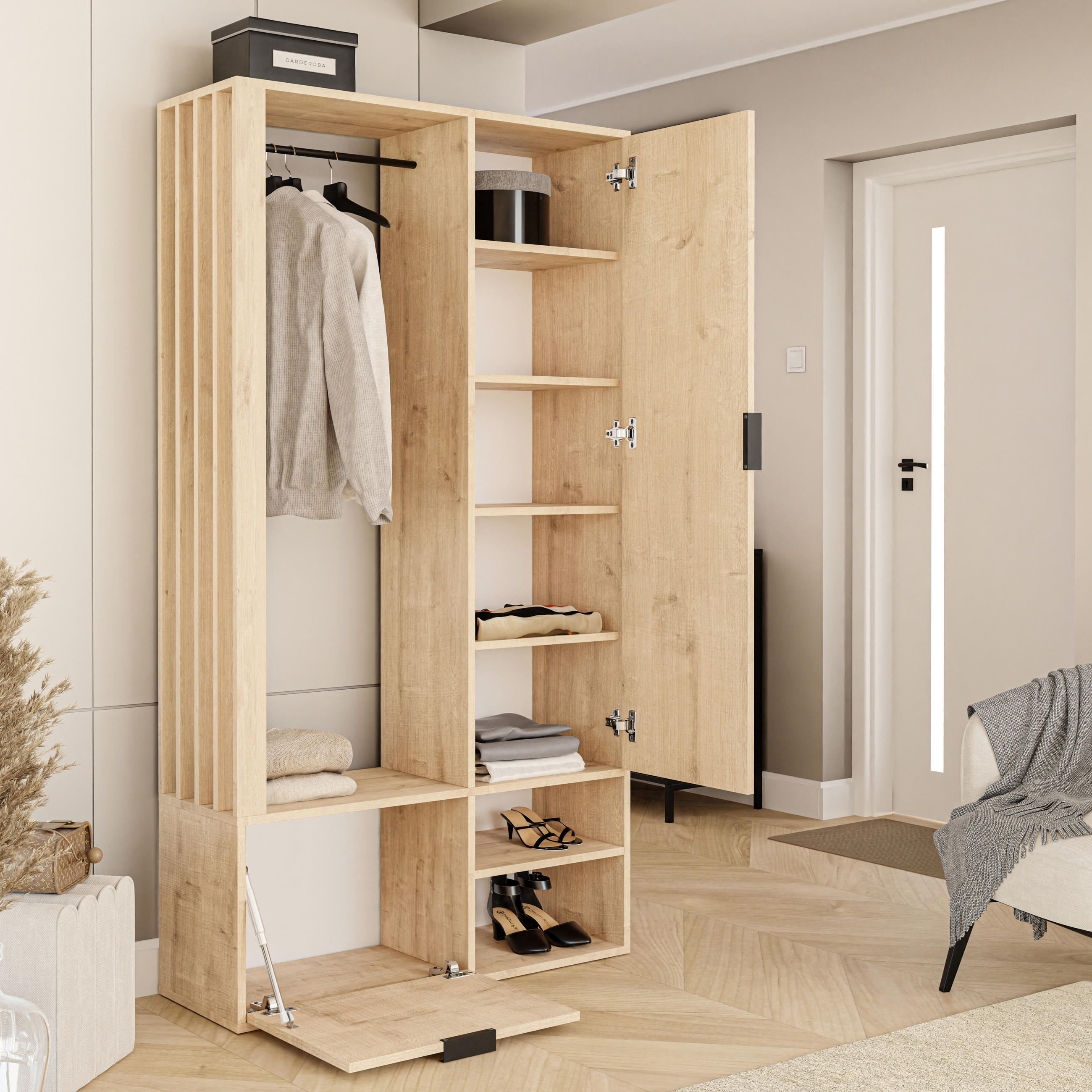 Thumbnail - Idohome Garderobenschrank, Braun, Holzwerkstoff, Rechteckig, 100x190x33 cm, Garderobe, Garderoben-Sets & Serien, Gardero...